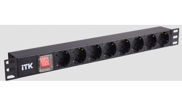 Блок PDU 8 розеток немецкий стандарт с LED выключателем,1U, шнур 2м вилка немецкий  стандарт ITK