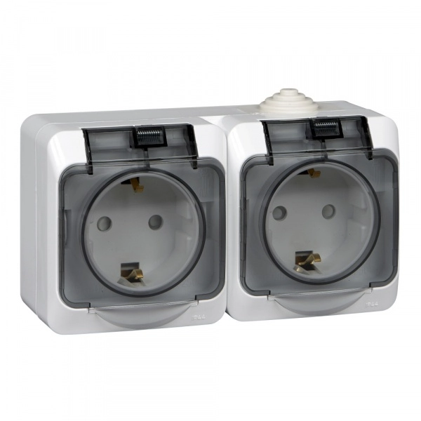 Розетка двухместная с заземляющими контактами со шторками с крышкой IP44 ЭТЮД БЕЛЫЙ открытая установка PA16-244B