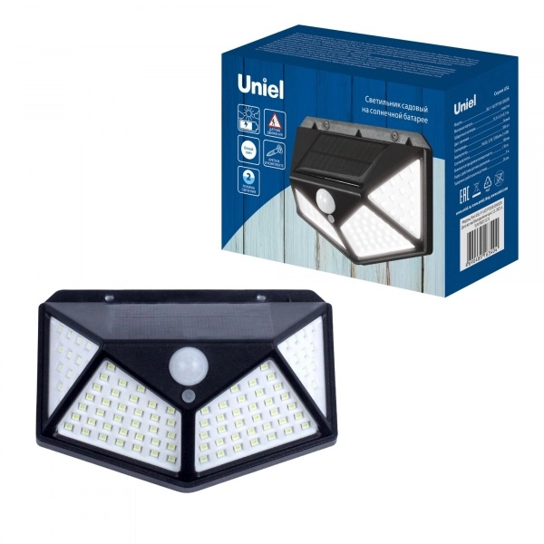 Uniel USL-F-167/PT100 SENSOR на солнечной батарее. с датчиком движения. 100 светодиодов. Белый свет. 1x18650 Li-Io аккумулятор в-к. IP44.