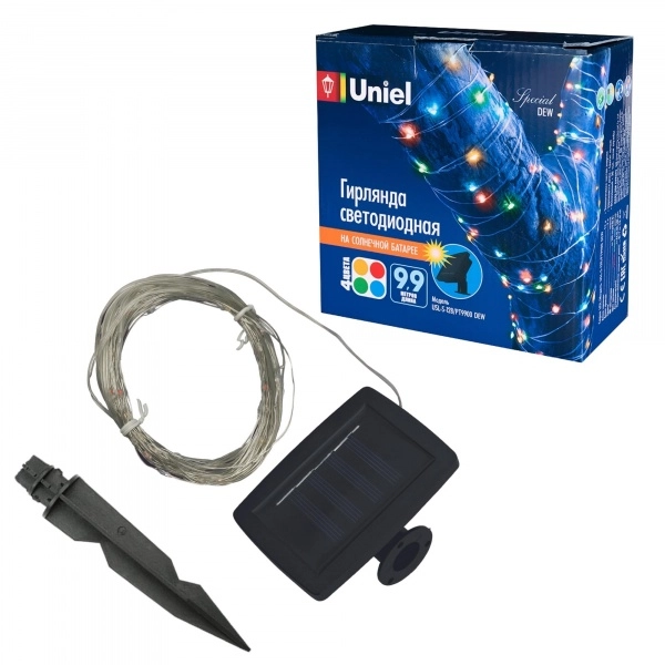 Uniel USL-S-128/PT9900 DEW гирлянда на солнечной батарее "Роса". 100 светодиодов. Разноцветный свет. 1*АА Ni-Mh аккумулятор в/к.