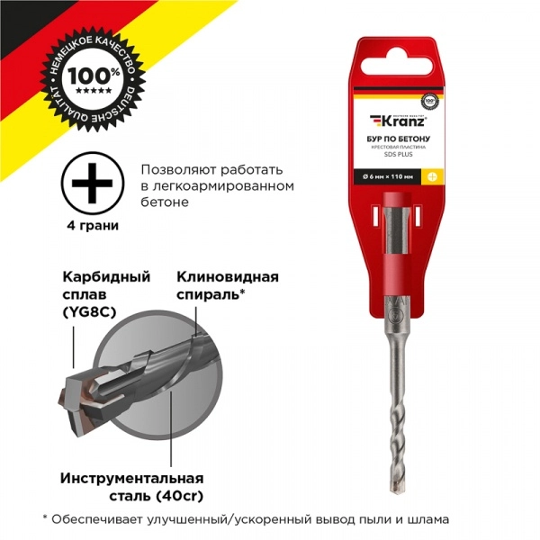 Бур по бетону 6х110 мм крестовая пластина SDS PLUS Kranz KR-91-0801