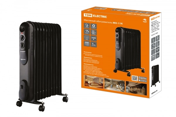 Радиатор масляный TDM МО-11К чёрный 2500Вт 11 секций, регулируемая мощность (1000/1500/2500Вт) термостат
