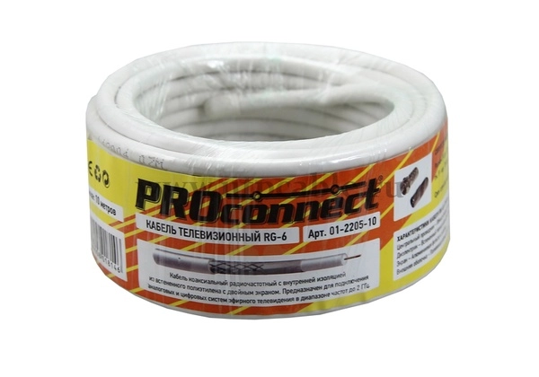 Кабель радиочастотный RG-6U (48%) 75Ом (бухта 10) белый PROCONNECT (омедненка) (01-2205-10)