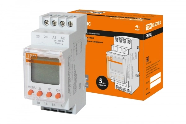 Реле времени РВМЦ-1с/100час-2х8А-24/230В-DIN (мнф.цифр., 24 режима, 1с-100час, 24-230В АС/DC) TDM