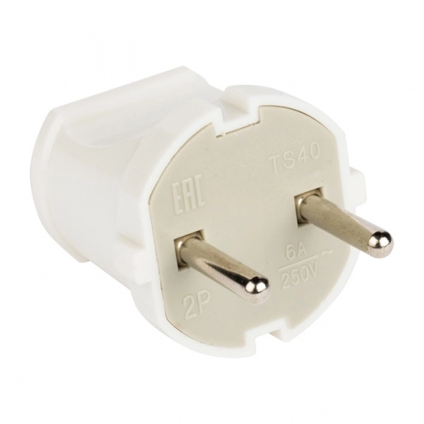 Вилка круглая без заземления 6А 250В Белая EKF AVP6-10 (кратно 1)