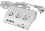 Удлинитель бытовой волна 5 гнезд 1,8м с заземлением с выключателем +2хUSB ПВС3х1 16А 3500Вт NPE-USB-05-180-ESC-3X1.0 белый Navigator 71544