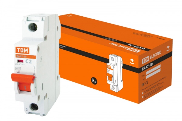 Выключатель автоматический 1П 2А характеристика С 4,5кА TDM ВА47-29