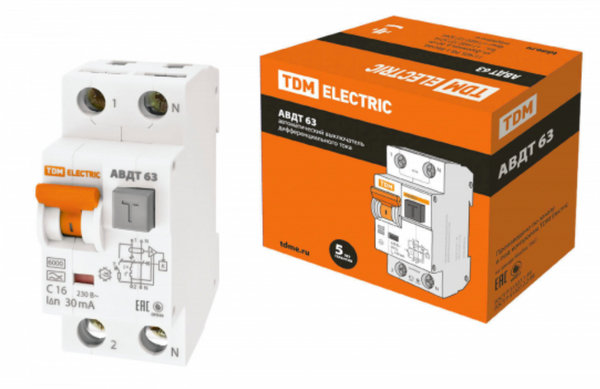 Автоматический выключатель дифференциального тока 2П 16А 30мА TDM АВДТ-63 характеристика С