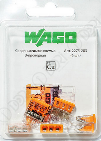 Wago 2273-203  Клемма 3-проводная соединительная для распределительных коробок (упаковка  6шт) 2566