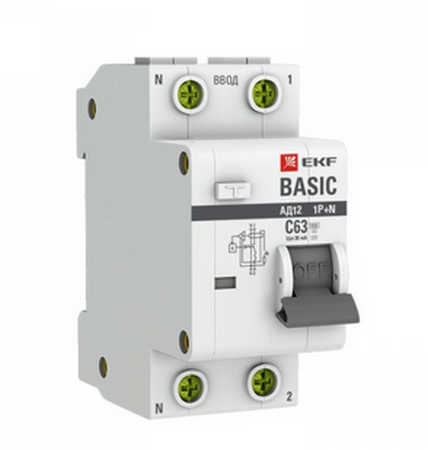 Автоматический выключатель дифференциального тока 2П 20А 30мА EKF Basic АД-12 1П+N тип АС характеристика С эл. 4,5кА (кратно 1)