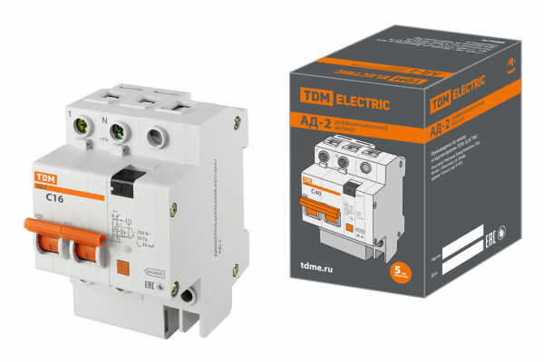 Автоматический выключатель дифференциального тока 2П 16А 30мА TDM АД-2