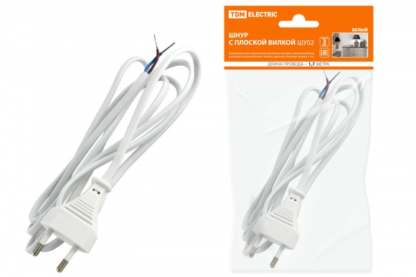 Шнур сетевой 1,7м без заземления плоская вилка ШВВП2х0,75 белый TDM SQ1305-0011