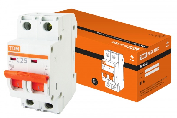 Выключатель автоматический 2П 25А характеристика С 4,5кА TDM ВА47-29