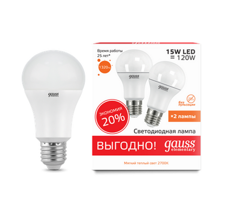 Светодиодная лампа Gauss Elementary А60 15Вт 220Вт 2700K-3000К E27