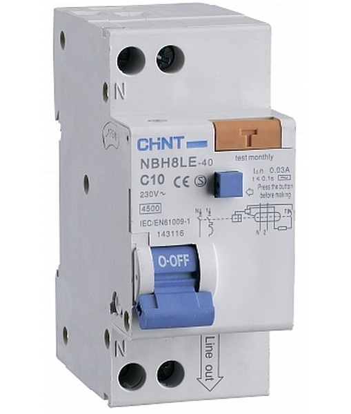 Автоматический выключатель дифференциального тока 1П+N 16А 30мА CHINT NBH8LE-40 характеристика С тип AС 4,5kA