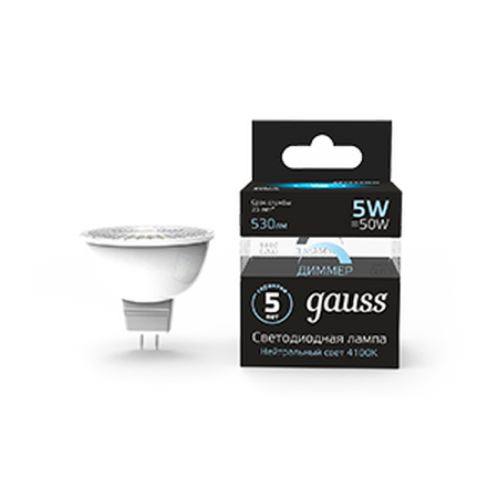 Светодиодная лампа Gauss MR16 5Вт 175-265В 4100K GU5.3 диммируемая