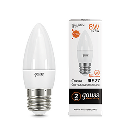 Светодиодная лампа свеча Gauss Candle С37 8Вт 150-265В 2700K/3000К E27