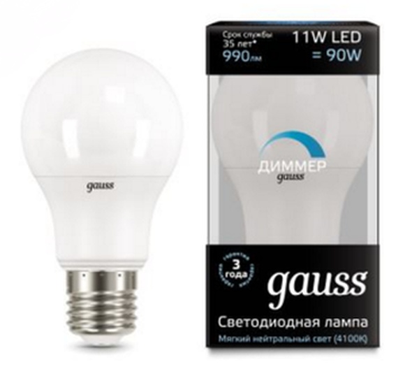 Светодиодная лампа Gauss А60 11Вт 150-265Вт 4100К E27 диммируемая