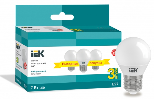 Светодиодная лампа "шарик" IEK G45 7Вт 230В 4000К E27 (3шт уп.)