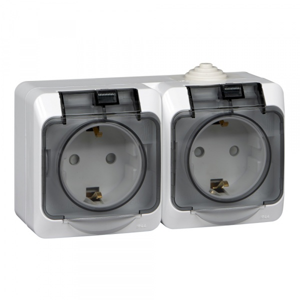 Розетка двухместная с заземляющими контактами со шторками с крышкой IP44 ЭТЮД БЕЛЫЙ открытая установка PA16-244B