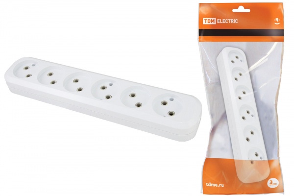 Колодка 6 гнезд без заземления 10А 220В 2200Вт Белая TDM SQ1806-0038